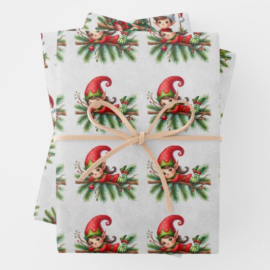 Elf Christmas Branches Kinder Inpakpapier Vel (In situ)