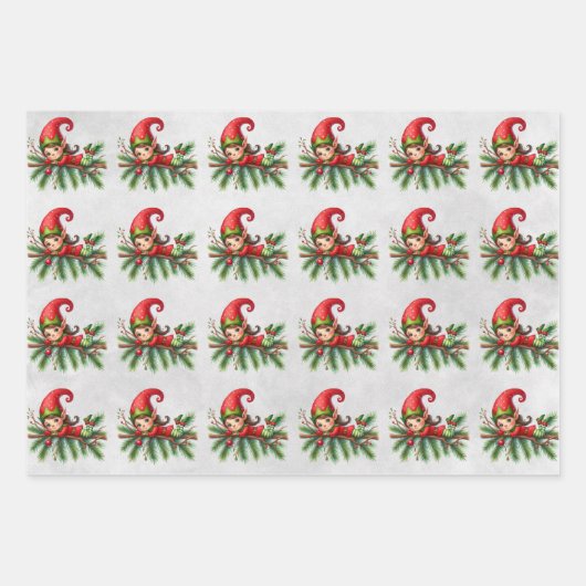 Elf Christmas Branches Kinder Inpakpapier Vel (Voorkant)