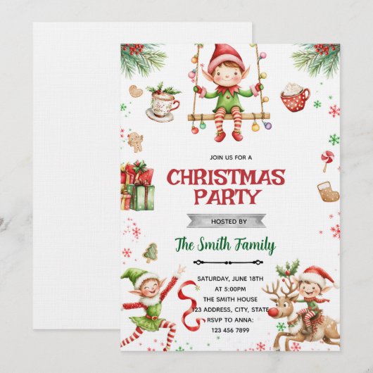 Elf Christmas party Invitation Kaart (Voorkant / Achterkant)