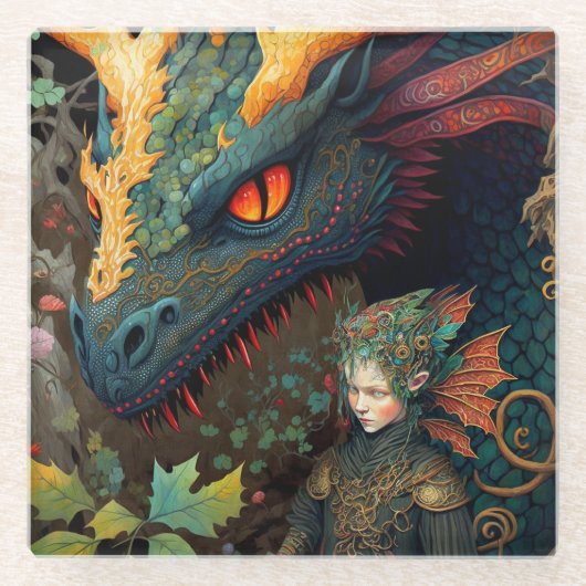 Elf en Dragon Fantasy Art Glazen Onderzetter (Voorkant)