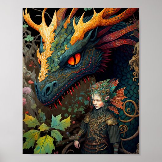 Elf en Dragon Fantasy Art Poster (Voorkant)