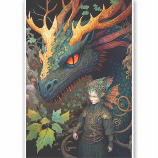 Elf en Dragon Fantasy Art Sticker (Voorkant)