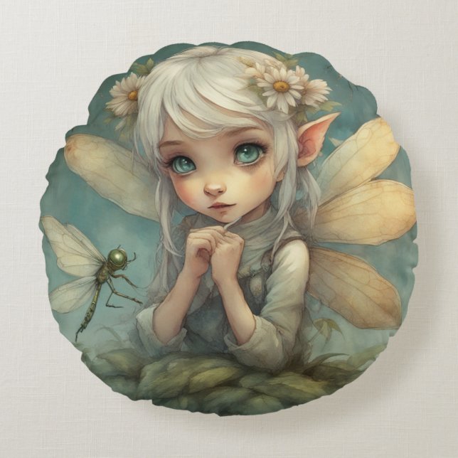 Elf en Dragonfly 2 Rond Kussen (Voorkant)