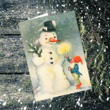 Elf en Sneeuwman Vintage Kerstkaart