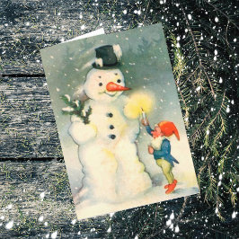 Elf en Snowman Vintage-kerstkaart Feestdagen Kaart