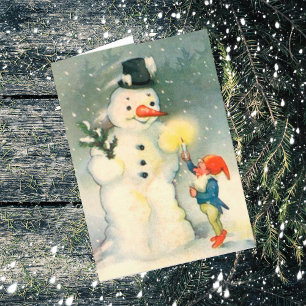 Elf en Snowman Vintage-kerstkaart Feestdagen Kaart