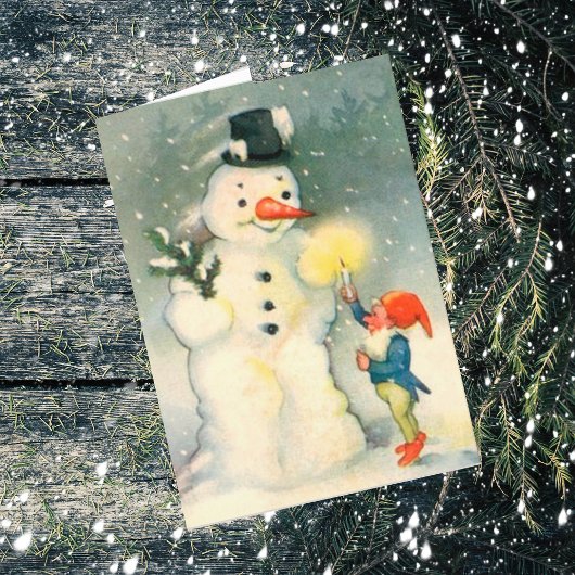 Elf en Snowman Vintage-kerstkaart Feestdagen Kaart