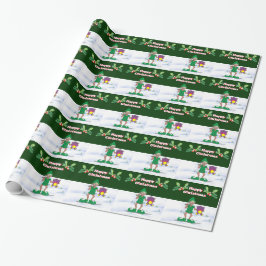 Elf en tweekleppige teddy, holly berries, sneeuwsc cadeaupapier