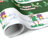 Elf en tweekleppige teddy, holly berries, sneeuwsc cadeaupapier (Rol Hoek)