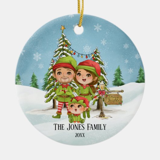 Elf Familie van 3 Kerstmis Keramisch Ornament (Voorkant)