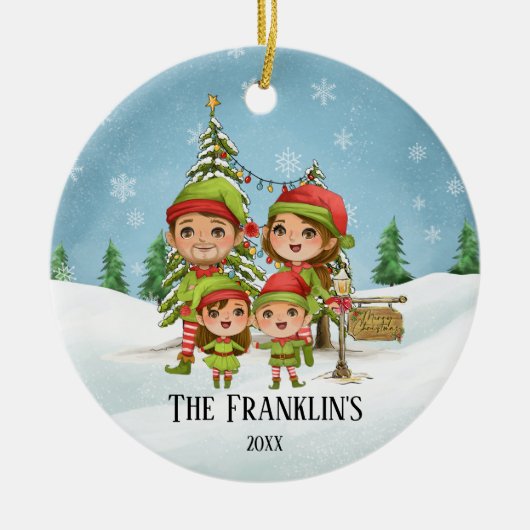 Elf Familie van 4 mam Pap Dochterzoon Keramisch Ornament (Voorkant)