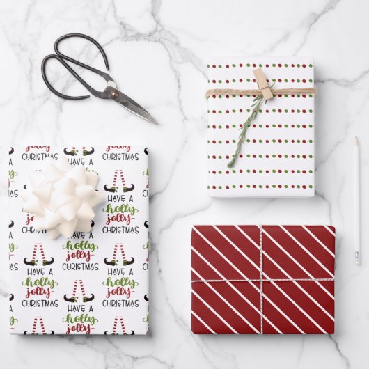 Elf HOLLY JOLLY KERST Stippen Strepen Inpakpapier Vel (Voorkant)