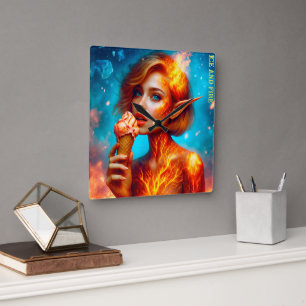 Elf ijs thema mooie blauwe vuur wafel vierkante klok