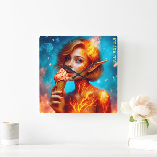 Elf ijs thema mooie blauwe vuur wafel vierkante klok (Huis)