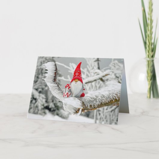 Elf in Ice-Storm met Cadeaus en rood Pet Feestdagen Kaart (Voorkant)
