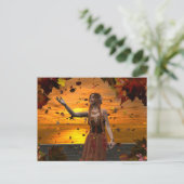 Elf in vallende bladeren tegen een herfstzonsonder briefkaart (Staand voorkant)
