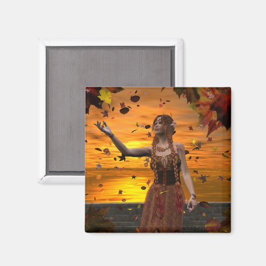 Elf in vallende bladeren tegen een herfstzonsonder magneet (Voorkant / Achterkant)