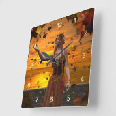 Elf in vallende bladeren tegen een herfstzonsonder vierkante klok (Hoek)