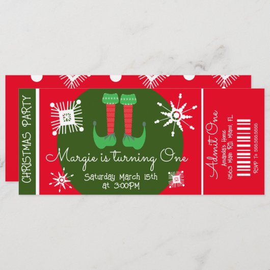 Elf kerstfeest eerste verjaardag Ticket party Kaart (Voorkant / Achterkant)