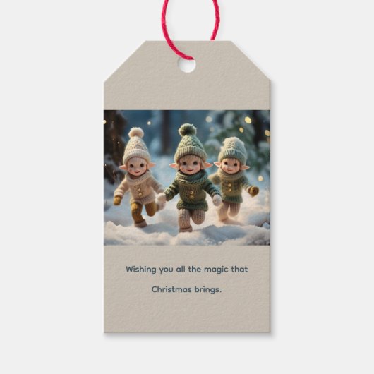 Elf Kids Running in the Snow Custom Text Cadeaulabel (Voorkant)