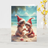 Elf Kinder op het strand - Christmas Sandcastle Ka Kaart (Gele Bloem)