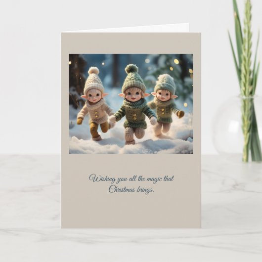 Elf Kinderen Rennen in de Sneeuw Aangepaste Tekst Kaart (Voorkant)
