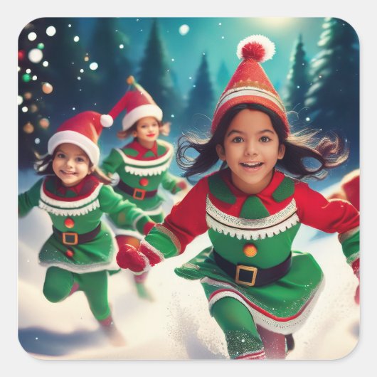 Elf Kinderen Rennen in de Sneeuw Vierkante Sticker (Voorkant)