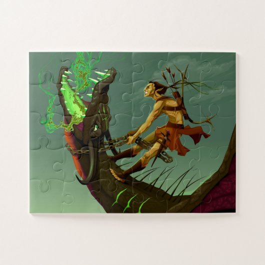 Elf krijger vecht tegen een draak legpuzzel (Horizontaal)