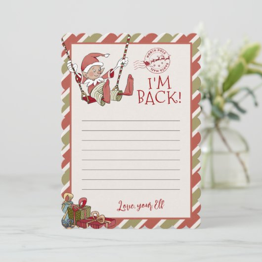 Elf Letter "I m Back" Editable Notecard Kaart (Staand voorkant)