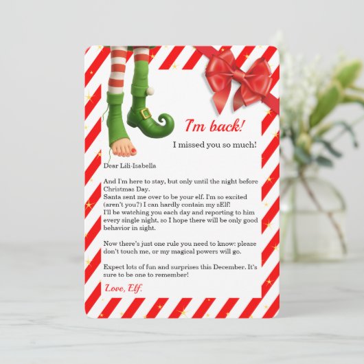 Elf Letter “I’m Back” | Funny North Pole Arrival Feestdagenkaart (Staand voorkant)