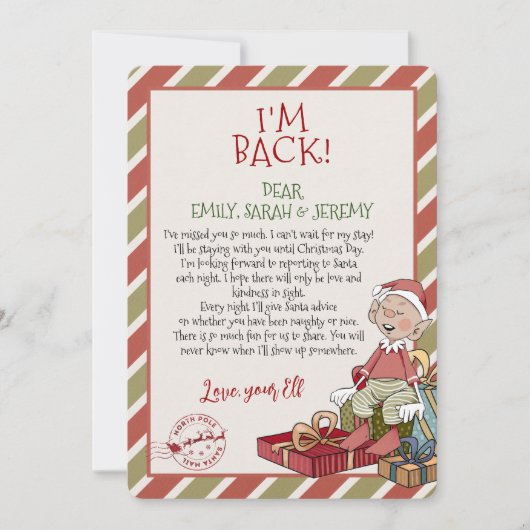 Elf Letter "Ik ben terug" voor kerstuitnodiging Kaart (Voorkant)