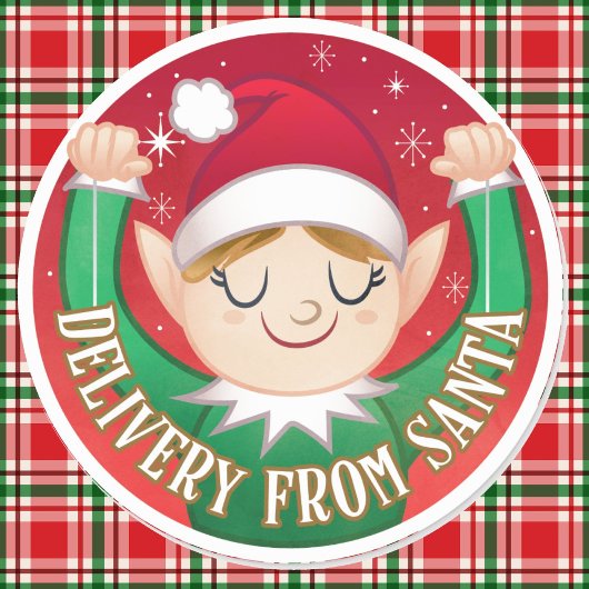 Elf-levering vanaf kerstrood in groen ronde sticker