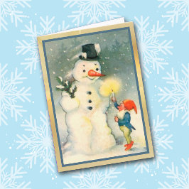 Elf Lights Snowman's Way Vintage-kerstkaart Feestdagen Kaart