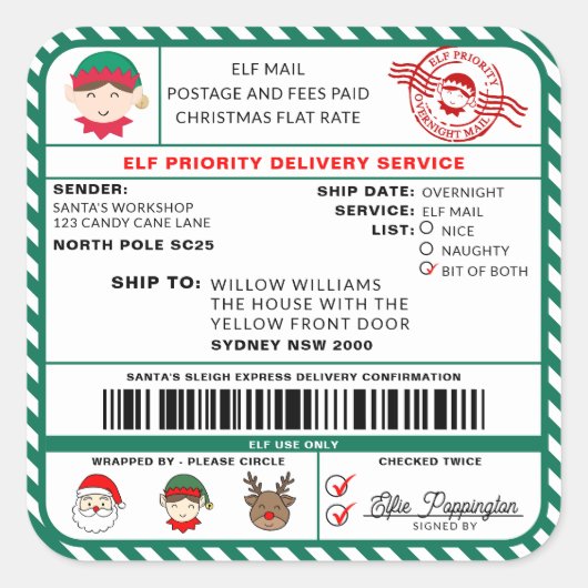 Elf Mail Kerstmis Verzendlabel Sticker (Voorkant)
