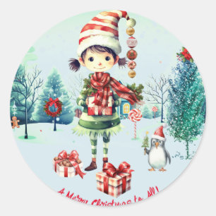 Elf Meisje Krans Ornamenten Sneeuwbomen Ronde Sticker