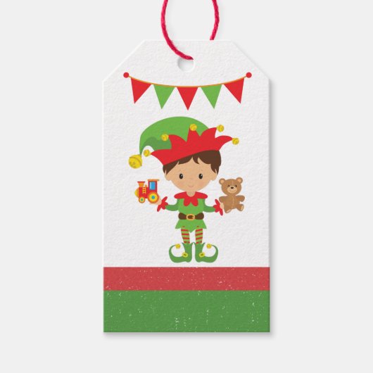 Elf met cadeaus en witte achtergrond-wrappen cadeaulabel (Voorkant)