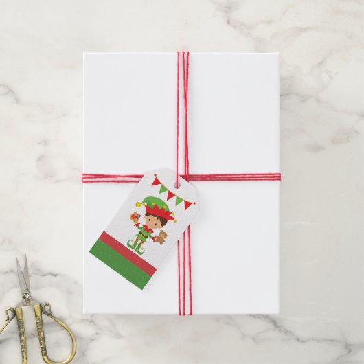 Elf met cadeaus en witte achtergrond-wrappen cadeaulabel (Met Touw)