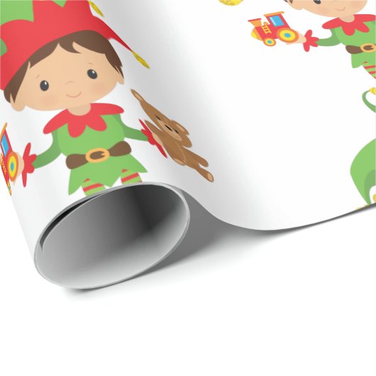 Elf met cadeaus en witte achtergrond-wrappen cadeaupapier (Rol Hoek)