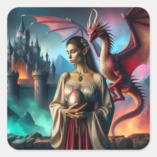 Elf met drakenei vierkante sticker (Voorkant)