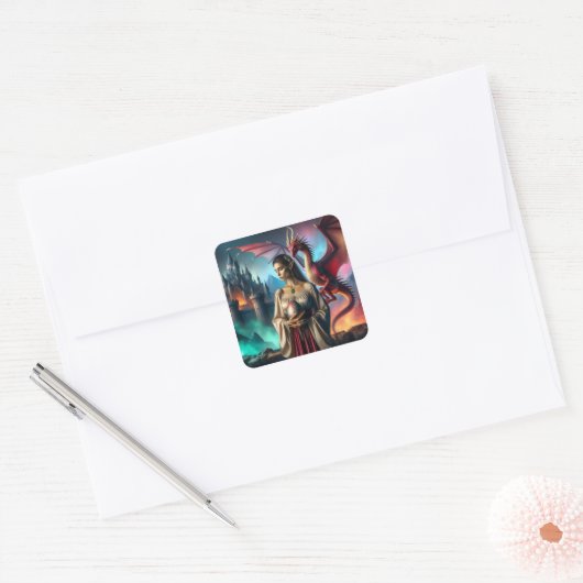 Elf met drakenei vierkante sticker (Envelop)