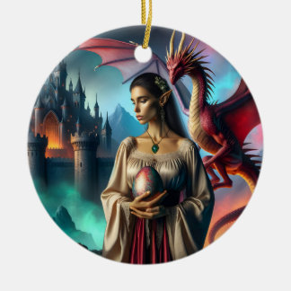 Elf met een drakenei keramisch ornament