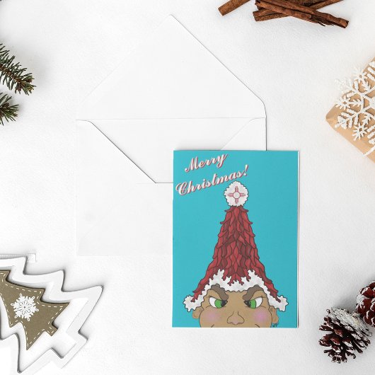 Elf met een Rode Chili Santa Hoed met een Zia Kaart