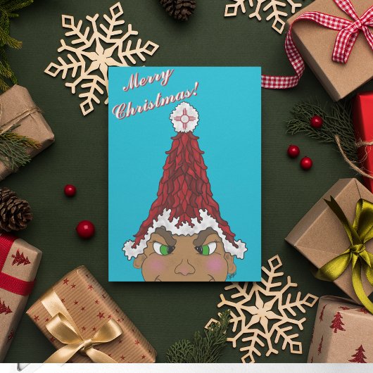 Elf met een Rode Chili Santa Hoed met een Zia Kaart