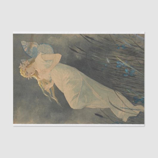 Elf met Iris Blossoms van Alphonse Mucha Tissuepapier (Voorkant)