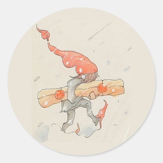 Elf met kerstcadeau, oude illustratie ronde sticker (Voorkant)