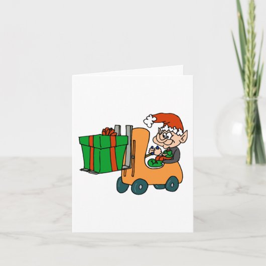elf met pakket op vorkheftruck feestdagen kaart (Voorkant)
