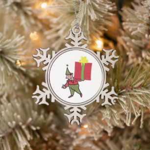 Elf Met Rode Doos tinnen sneeuwvlok ornament