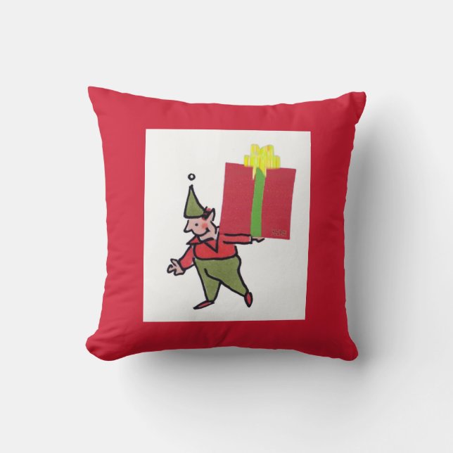 Elf Met Rode Doos vierkant rood worpkussen Kussen (Voorkant)