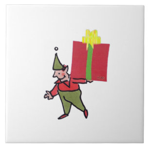 Elf met rode doos witte grote keramische tegel tegeltje