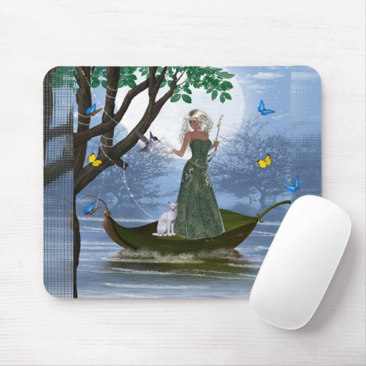 Elf met White Cat Riding op een Leaf Mousepad Muismat (Met muis)